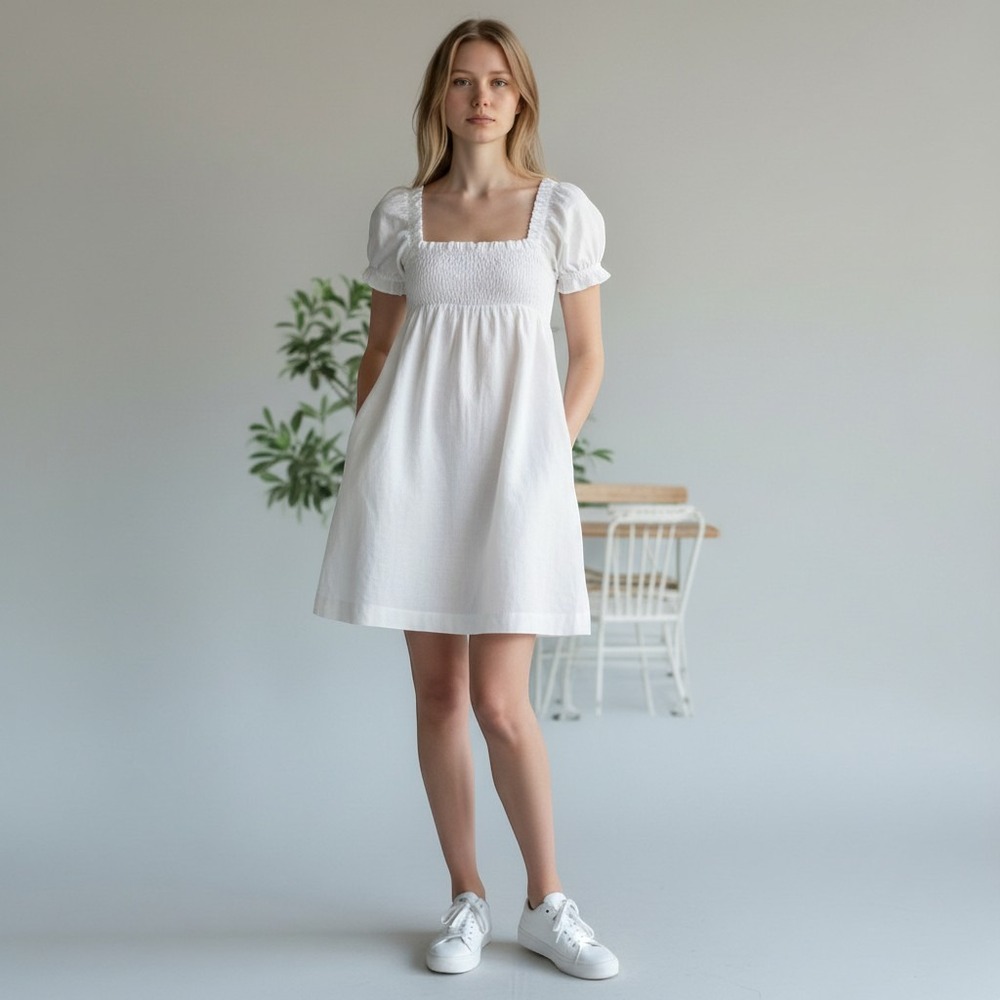 Faherty White Organic Cotton Smocked Puff Sleeve Mini Dress Small